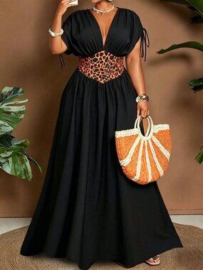 Multicolor Boho Women's A-Line Maxi Dress with Bowknot V-Neck Ombre Print